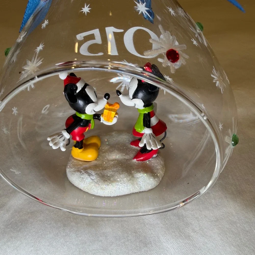 Disney‎ Parks Mickey Minnie Mouse 2015 Glass Bell Christmas Ornament Blue Ribbon